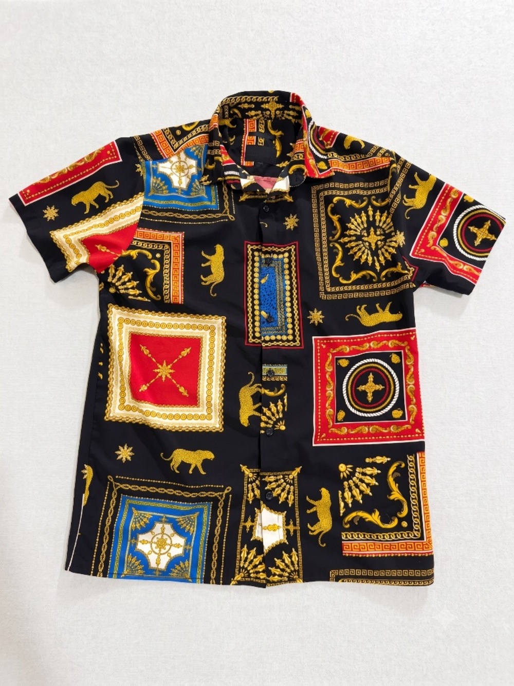 Drill Clothing Co Mens Medium Short Sleeve Button Up Shirt Gold Baroque Leopard